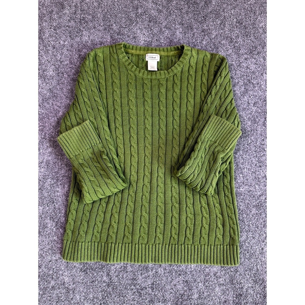 LL‎ Bean Sweater Womens Medium Green Cotton Cable Knit Crewneck 0HNR2